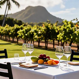 Caribbean Holidays, August Wine Tasting, A vineyard and tasting table in a sunny Caribbean setting, with wine glasses, local produce and tropical hills in the background