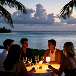 Caribbean Holidays, August Wine Tasting, Elegant Caribbean evening wine tasting beside the sea, with softly lit tables, wine glasses and a calm tropical horizon