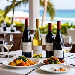 Caribbean Holidays, August Wine Tasting, Elegant French Caribbean wine bottles and local dishes arranged on a shaded restaurant table in Gustavia