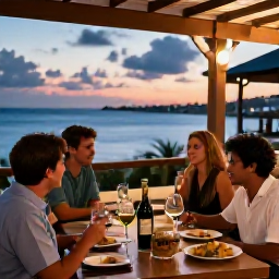Caribbean Holidays, August Wine Tasting, Friendly outdoor wine tasting at a Caribbean restaurant terrace, with bottles, glasses, island dishes and a colourful sunset