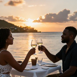 Caribbean Holidays, August Wine Tasting, Sunset over Gustavia harbour on Saint Barth&eacute;lemy with a couple raising wine glasses at an outdoor table