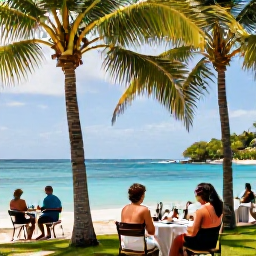 Caribbean Holidays, August Wine Tasting, Travellers enjoying an outdoor wine tasting beneath palm trees near a Caribbean beach on Saint Barth&eacute;lemy