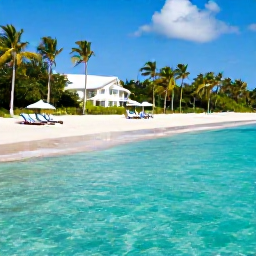 Caribbean Holidays, Bahamas Adults Only, A quiet adults-only resort beside clear turquoise water in the Bahamas, with white sand, sun loungers and palm trees