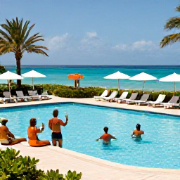 Caribbean Holidays, Bahamas Adults Only, Adults-only resort pool overlooking the Caribbean Sea in The Bahamas, guests enjoying drinks and sunshine
