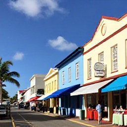 Caribbean Holidays, Bahamas Adults Only, Colourful Nassau waterfront street with historic buildings, local shops and visitors exploring The Bahamas