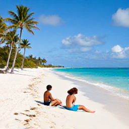 Caribbean Holidays, Bahamas Adults Only, Couple relaxing on a quiet white-sand beach in The Bahamas in bright March sunshine, turquoise sea and palm trees