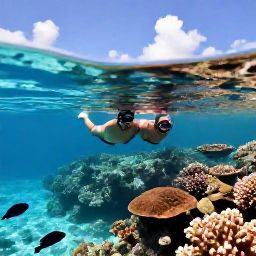 Caribbean Holidays, Bahamas Adults Only, Couple snorkelling above a colourful coral reef in clear turquoise Bahamian water with tropical fish and a sunny sky