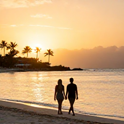 Caribbean Holidays, Bahamas Adults Only, Couple walking barefoot along a Bahamian beach at sunset, with calm water, soft golden light and palm silhouettes