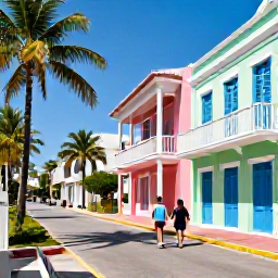 Caribbean Holidays, Bahamas Adults Only, Couple walking through historic Nassau streets with pastel buildings, palm trees and bright January sunshine