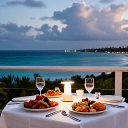 Caribbean Holidays, Bahamas Adults Only, Elegant adults-only Bahamian resort restaurant serving fresh seafood at an outdoor table near the sea in the evening