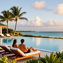 Caribbean Holidays, Bahamas Adults Only, Elegant adults-only resort in The Bahamas with an infinity pool, loungers, tropical gardens and a couple enjoying a peaceful afternoon
