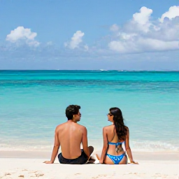 Caribbean Holidays, Bahamas Adults Only, Happy couple relaxing beside a turquoise Bahamian sea at a stylish adults-only resort during a bright July holiday