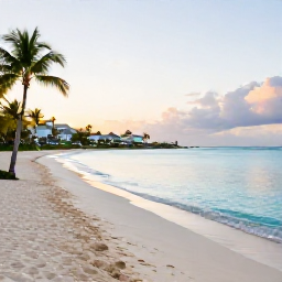 Caribbean Holidays, Bahamas Adults Only June, An adults-only beachfront resort in The Bahamas at sunrise, with calm turquoise water, soft white sand, palm trees and a relaxed holiday atmosphere