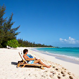 Caribbean Holidays, Bahamas Adults Only June, Couple relaxing on a quiet Bahamian beach in June, with loungers, gentle waves, tropical greenery and clear blue skies