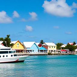 Caribbean Holidays, Bahamas Adults Only June, Visitors exploring a colourful Bahamian harbour and local market in June, with pastel buildings, boats and island scenery
