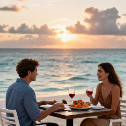 Caribbean Holidays, Bahamas Adults Only May, A couple dining outdoors at a relaxed Bahamian restaurant beside the sea at sunset, with fresh seafood and soft evening light