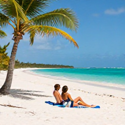 Caribbean Holidays, Bahamas Adults Only May, A couple relaxing on a quiet white-sand beach in The Bahamas during warm May sunshine, turquoise sea and gentle palm trees