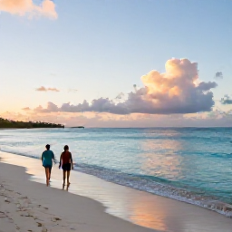Caribbean Holidays, Bahamas Adults Only May, A peaceful Bahamian beach at sunrise with calm turquoise water, soft sand and a couple walking along the shoreline