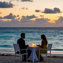 Caribbean Holidays, Bahamas Adults Only, Romantic adults-only dinner on a Bahamian beach at sunset, softly lit table and calm turquoise sea