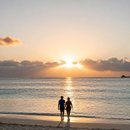 Caribbean Holidays, Bahamas Adults Only, Romantic Bahamas beach at sunset with two adults walking beside calm turquoise water