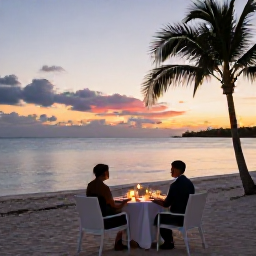 Caribbean Holidays, Bahamas Adults Only, Romantic beachfront dinner for two in The Bahamas at sunset, softly lit table, calm sea and palm trees