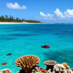Caribbean Holidays, Bahamas Adults Only, Snorkeller viewing colourful tropical fish and coral in clear Bahamian water, with a sunny island coastline in the background