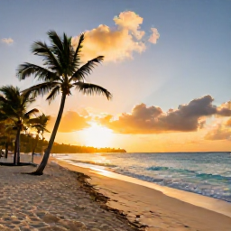 Caribbean Holidays, Bahamas Adventure, A golden sandy beach at sunset with palm trees and gentle waves on a Bahamian island