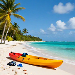 Caribbean Holidays, Bahamas Adventure, A sunny August morning on a turquoise Bahamian beach with a kayak, snorkelling gear and palm trees