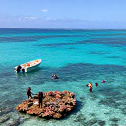 Caribbean Holidays, Bahamas Adventure, Clear turquoise water, a small motorboat and snorkellers exploring a colourful coral reef near the Bahamas in bright March sunshine