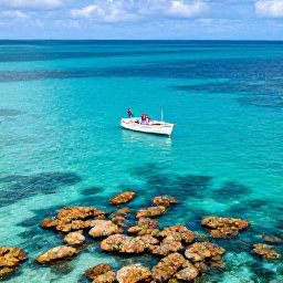 Caribbean Holidays, Bahamas Adventure, Clear turquoise water, colourful coral reefs and a small boat ready for snorkelling in The Bahamas in January