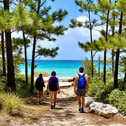 Caribbean Holidays, Bahamas Adventure, Guided hikers walking through pine forest and rocky terrain on a Bahamian island, with a view towards the sea