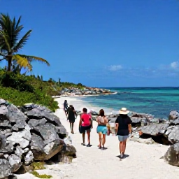 Caribbean Holidays, Bahamas Adventure Holidays, A friendly group hiking along a scenic coastal trail in the Bahamas with limestone rocks, palms and sea views