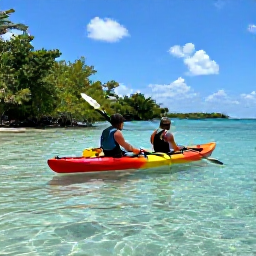 Caribbean Holidays, Bahamas Adventure Holidays, A guided kayak trip through clear shallow water and mangroves in the Bahamas, with tropical coastline in the background