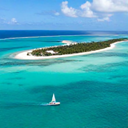 Caribbean Holidays, Bahamas Adventure Holidays, Aerial view of turquoise Bahamian sea, white sandy islands and a small sailing boat in bright April sunshine
