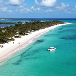 Caribbean Holidays, Bahamas Adventure Holidays, Aerial view of turquoise Bahamian water, bright white beaches and a small adventure boat near the islands