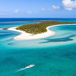 Caribbean Holidays, Bahamas Adventure Holidays, Aerial view of turquoise Bahamian water, white sandy islands and a small boat in bright February sunshine