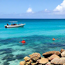 Caribbean Holidays, Bahamas Adventure Holidays, Clear turquoise water, a small boat and visitors snorkelling above a colourful coral reef near the Bahamas