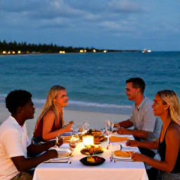 Caribbean Holidays, Bahamas Adventure Holidays, Friendly travellers enjoying a relaxed evening meal beside the sea in The Bahamas