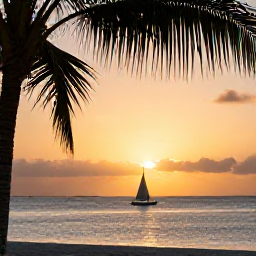 Caribbean Holidays, Bahamas Adventure Holidays, Golden sunset over a calm Bahamian beach with a small sailing boat offshore and palm trees in the foreground