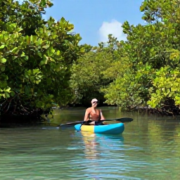 Caribbean Holidays, Bahamas Adventure Holidays, Guided kayak tour moving through calm mangrove creeks in The Bahamas, surrounded by green vegetation and shallow clear water
