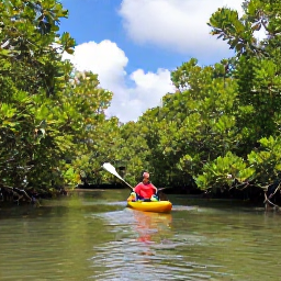 Caribbean Holidays, Bahamas Adventure Holidays, Kayakers paddling through a peaceful mangrove creek surrounded by green Bahamian vegetation
