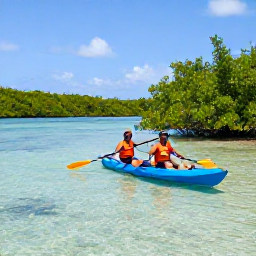 Caribbean Holidays, Bahamas Adventure Holidays, Kayakers paddling through clear shallow water beside mangroves in The Bahamas