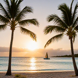 Caribbean Holidays, Bahamas Adventure Holidays, Relaxed Bahamian beach at sunset with palm trees, calm turquoise water and a small sailing boat