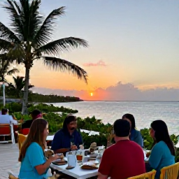 Caribbean Holidays, Bahamas Adventure Holidays, Relaxed outdoor beach restaurant overlooking a Bahamian sunset, with travellers enjoying a casual meal