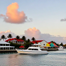 Caribbean Holidays, Bahamas Adventure Holidays, Sunset adventure boat returning to a Bahamian harbour, with palm trees, colourful buildings and warm evening light