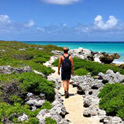 Caribbean Holidays, Bahamas Adventure Holidays, Traveller walking along a rugged coastal path beside low scrub, limestone rocks and turquoise sea in the Bahamas