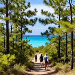 Caribbean Holidays, Bahamas Adventure Holidays, Travellers hiking along a shaded trail through pine forest in The Bahamas, with glimpses of bright blue sea in the distance