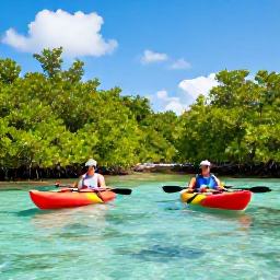 Caribbean Holidays, Bahamas Adventure Holidays, Visitors kayaking through clear shallow water beside green mangroves in the Bahamas on a sunny day