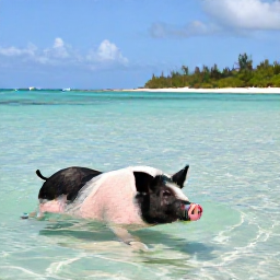 Caribbean Holidays, Bahamas Adventure Holidays, Visitors swimming with friendly pigs in shallow turquoise water on a Bahamian cay