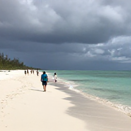 Caribbean Holidays, Bahamas Adventure Holidays, Visitors walking along a quiet white-sand beach beside turquoise water in the Bahamas after a light tropical shower
